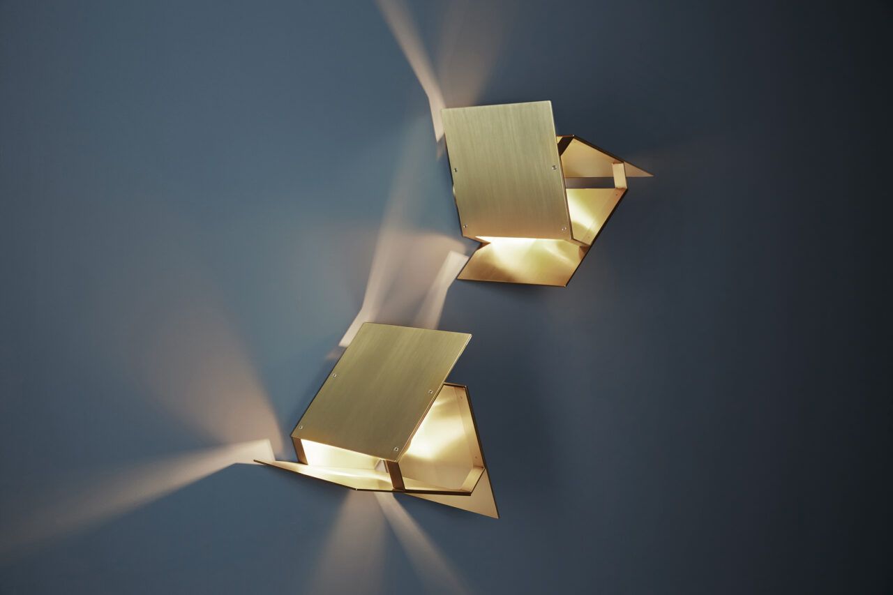 A pair of Pelle’s Tripp Sconces in satin brass