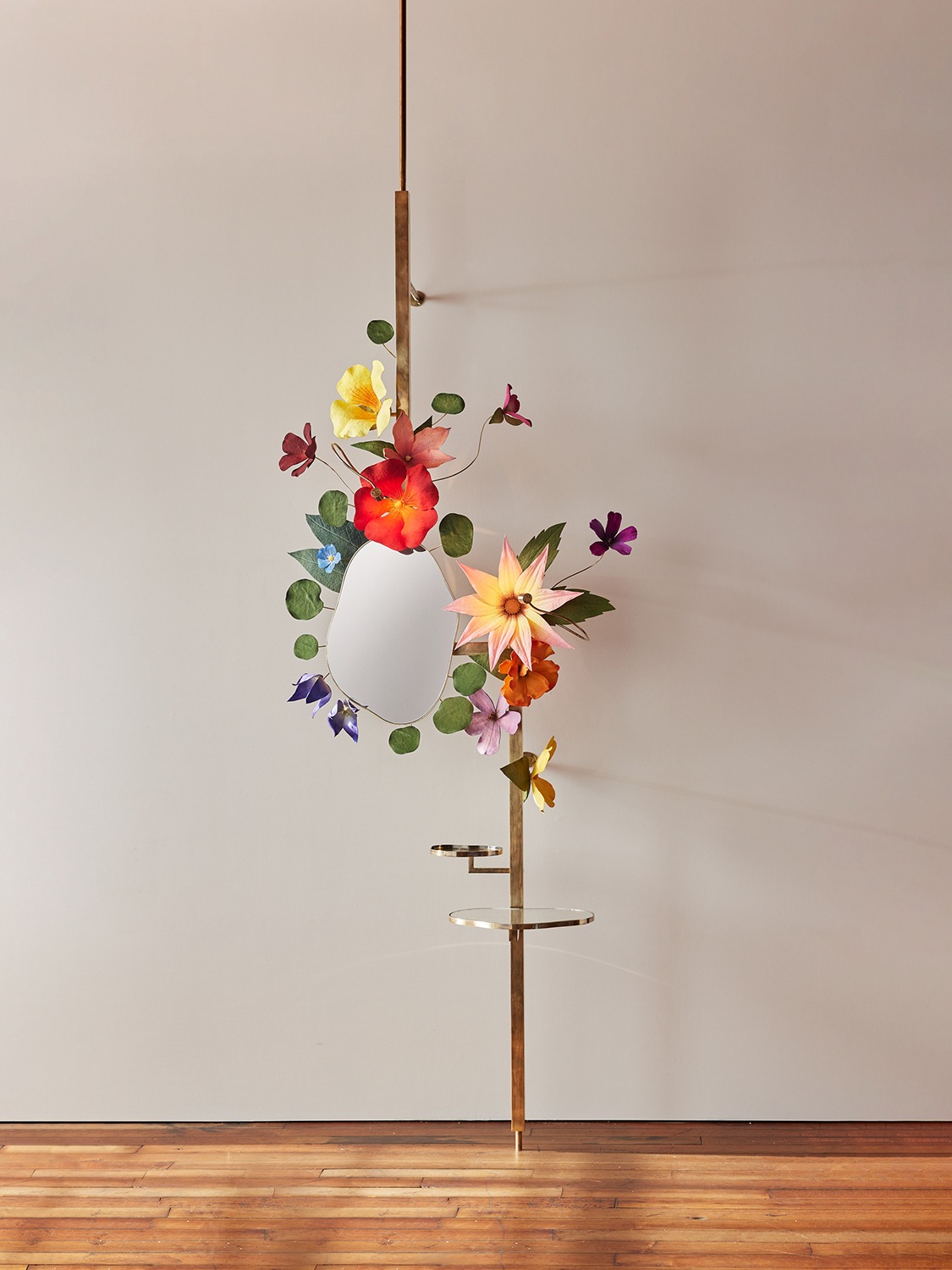 Pelle's Lure Eden Mirror Post, a single edition lamp with attached mirror and brass dishes