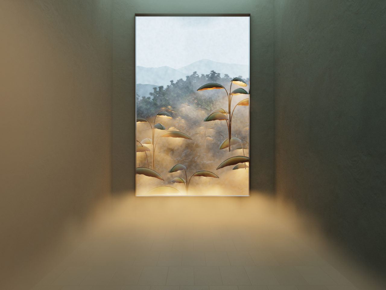 3D rendering of a tropical rainforest with mountains in the distance. Pelle's Nana Lure Chandeliers hang above the treetops.
