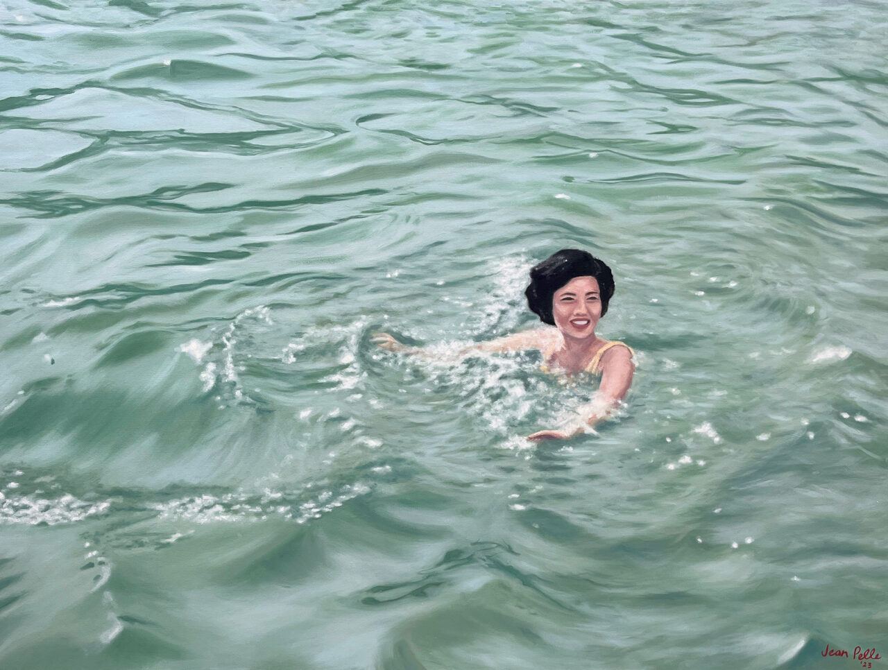 Oil painting of a person swimming in sunlit, aqua waves.