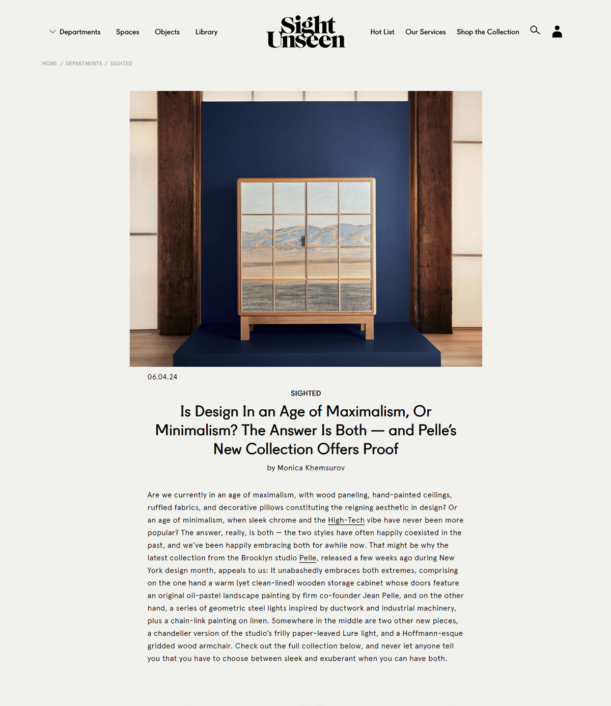 Screenshot of collection writeup from Sight Unseen website