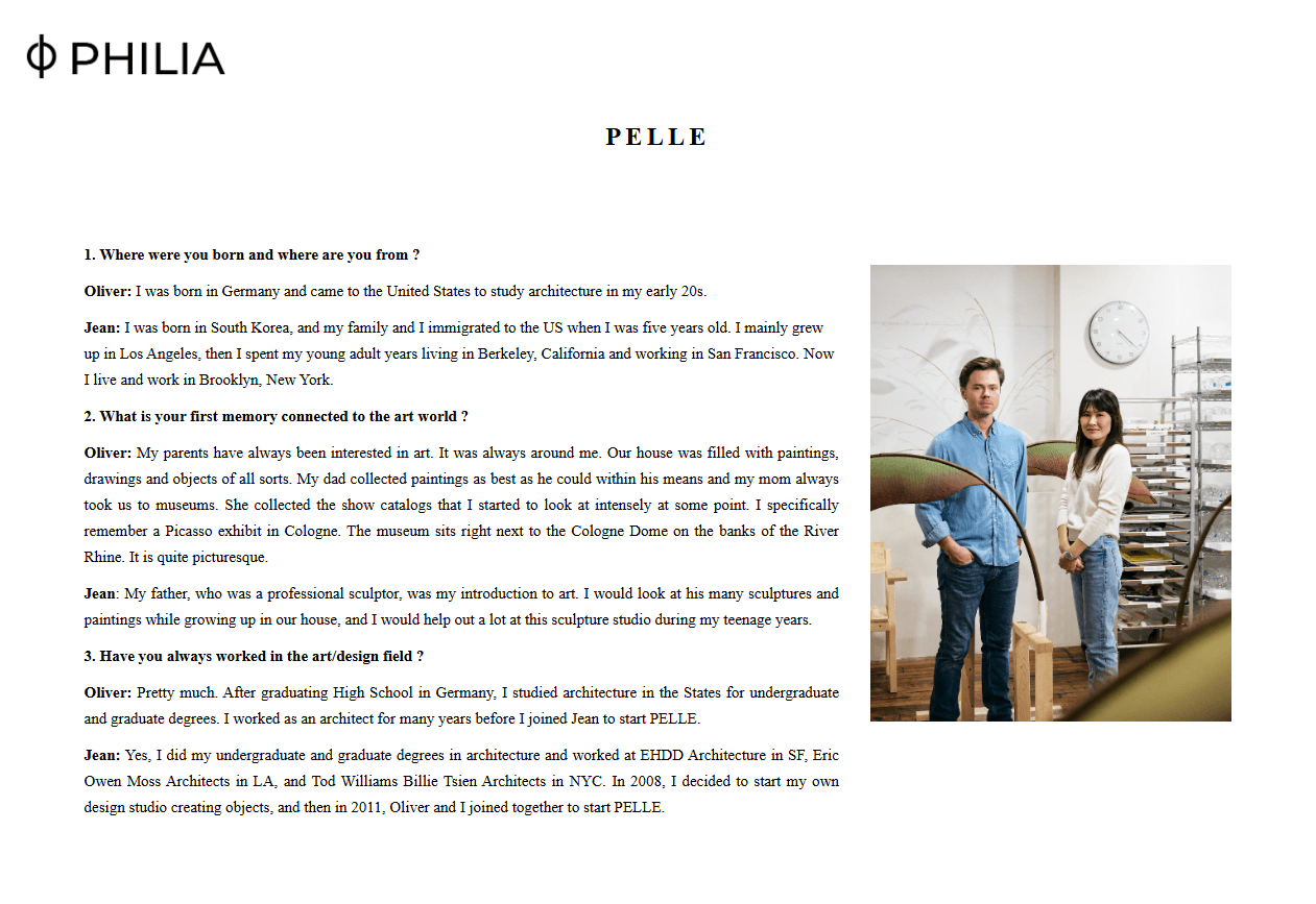 Screenshot of PELLE interview from Galerie Philia website