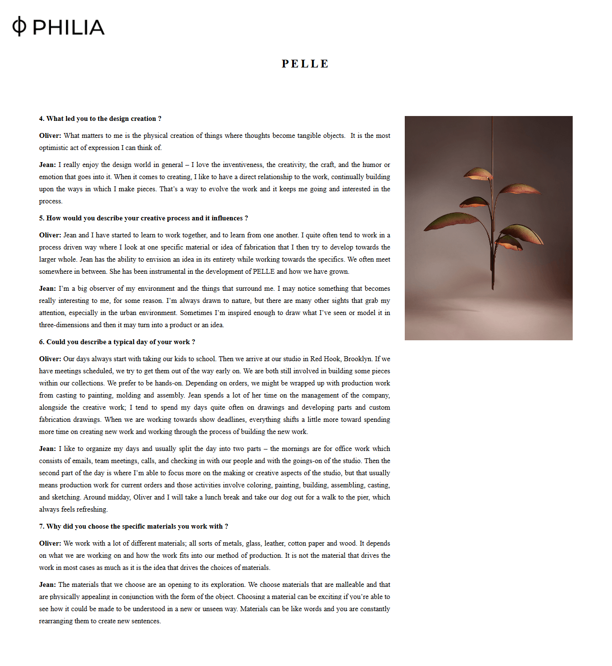 Screenshot of PELLE interview from Galerie Philia website